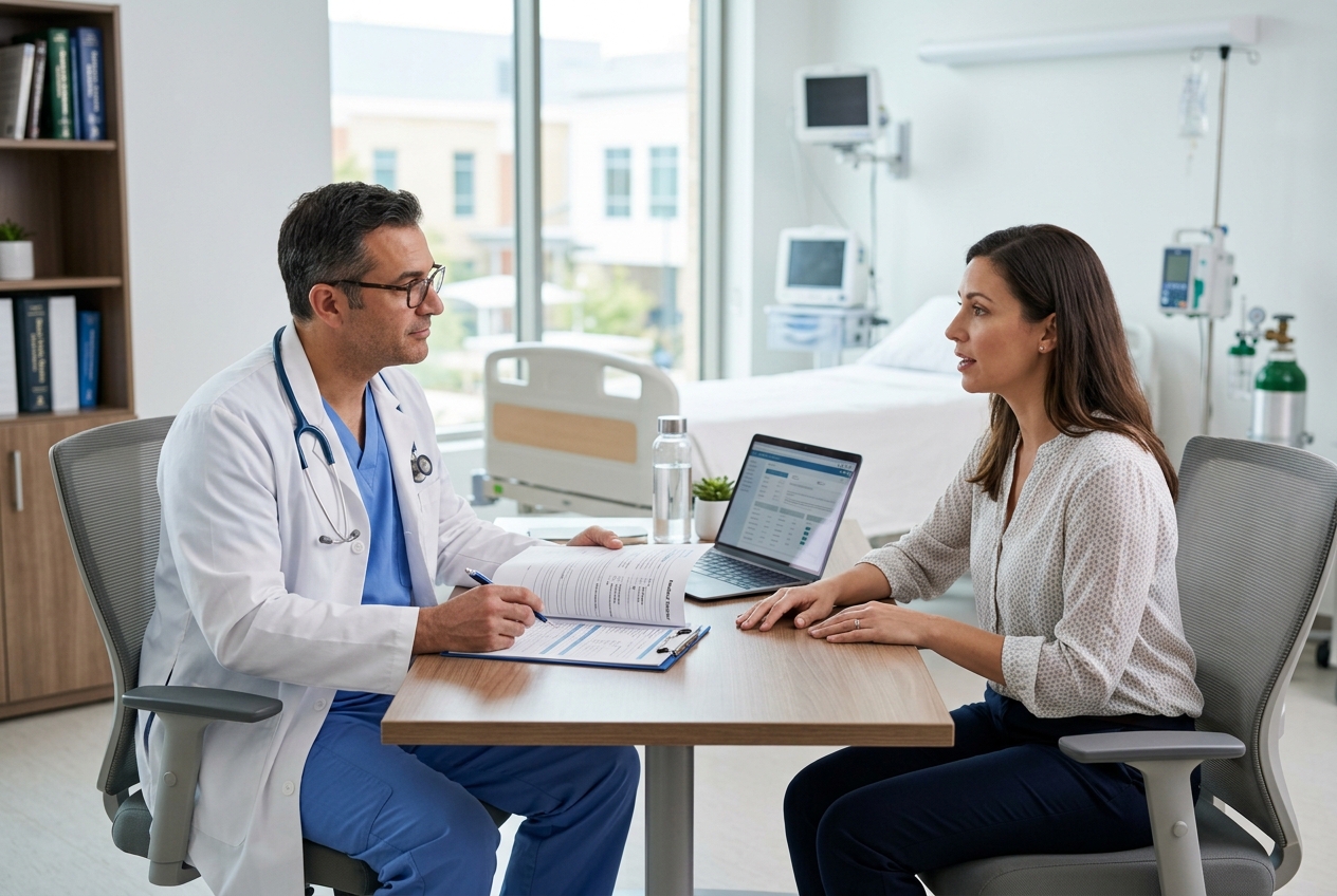 Médico anestesiólogo realizando evaluación preanestésica a paciente antes de cirugía