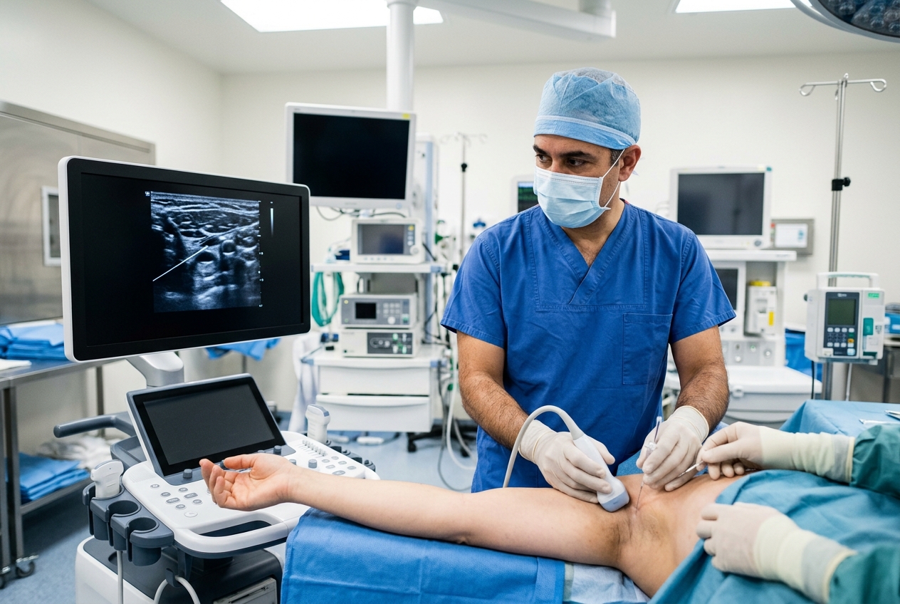 Anestesiólogo realizando bloqueo nervioso periférico guiado por ecografía