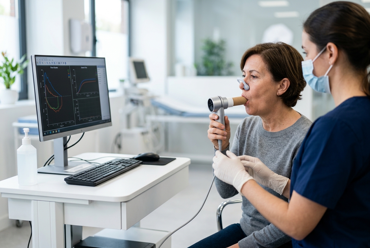Paciente realizando espirometría para evaluación de función pulmonar
