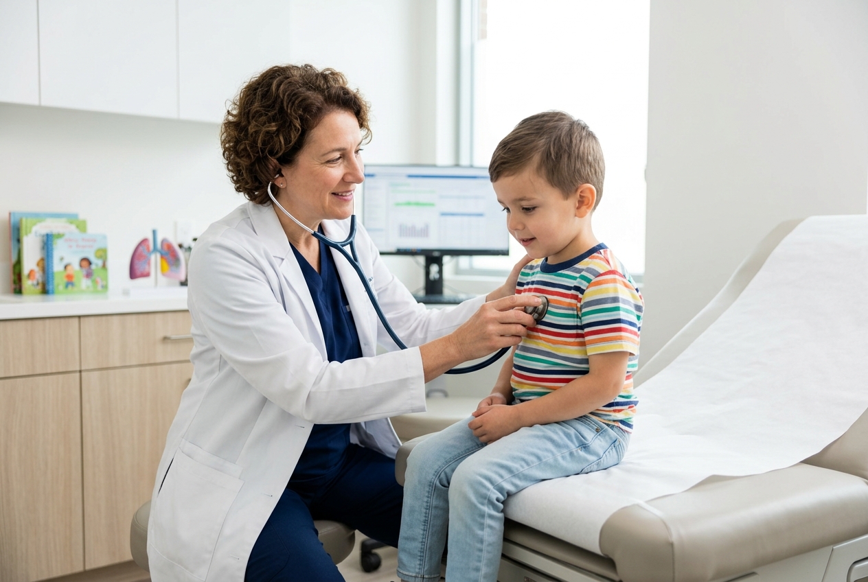 Broncopulmonar pediátrico evaluando a niño con problemas respiratorios