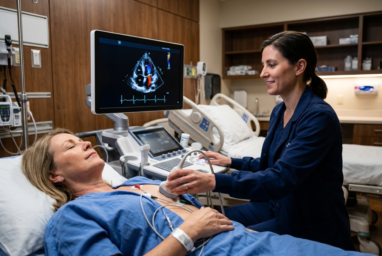 Médico realizando ecocardiograma para diagnóstico de enfermedades cardíacas