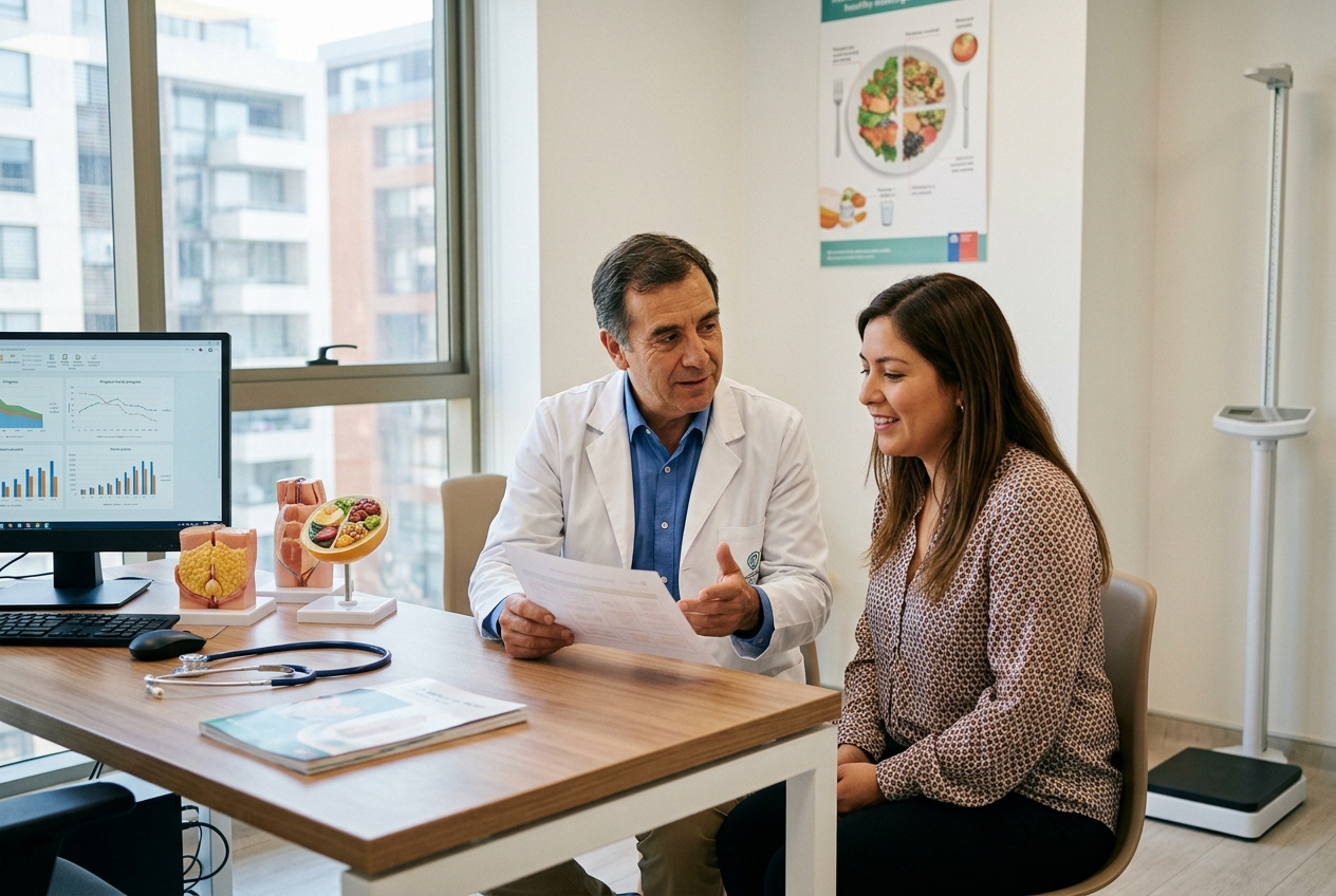 Consulta multidisciplinaria bariátrica con nutricionista y paciente en Chile