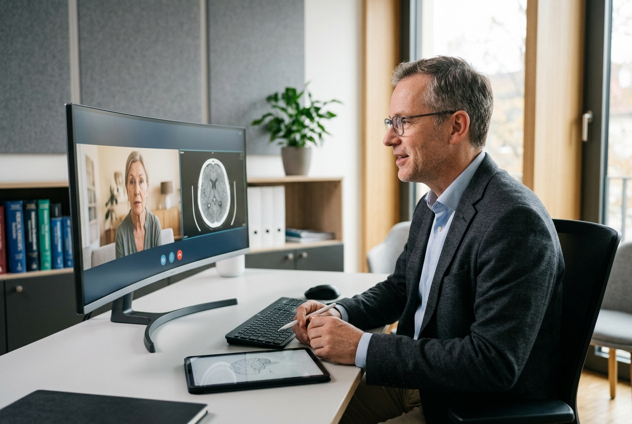 Neurólogo atendiendo teleconsulta neurológica online con cobertura FONASA en Chile