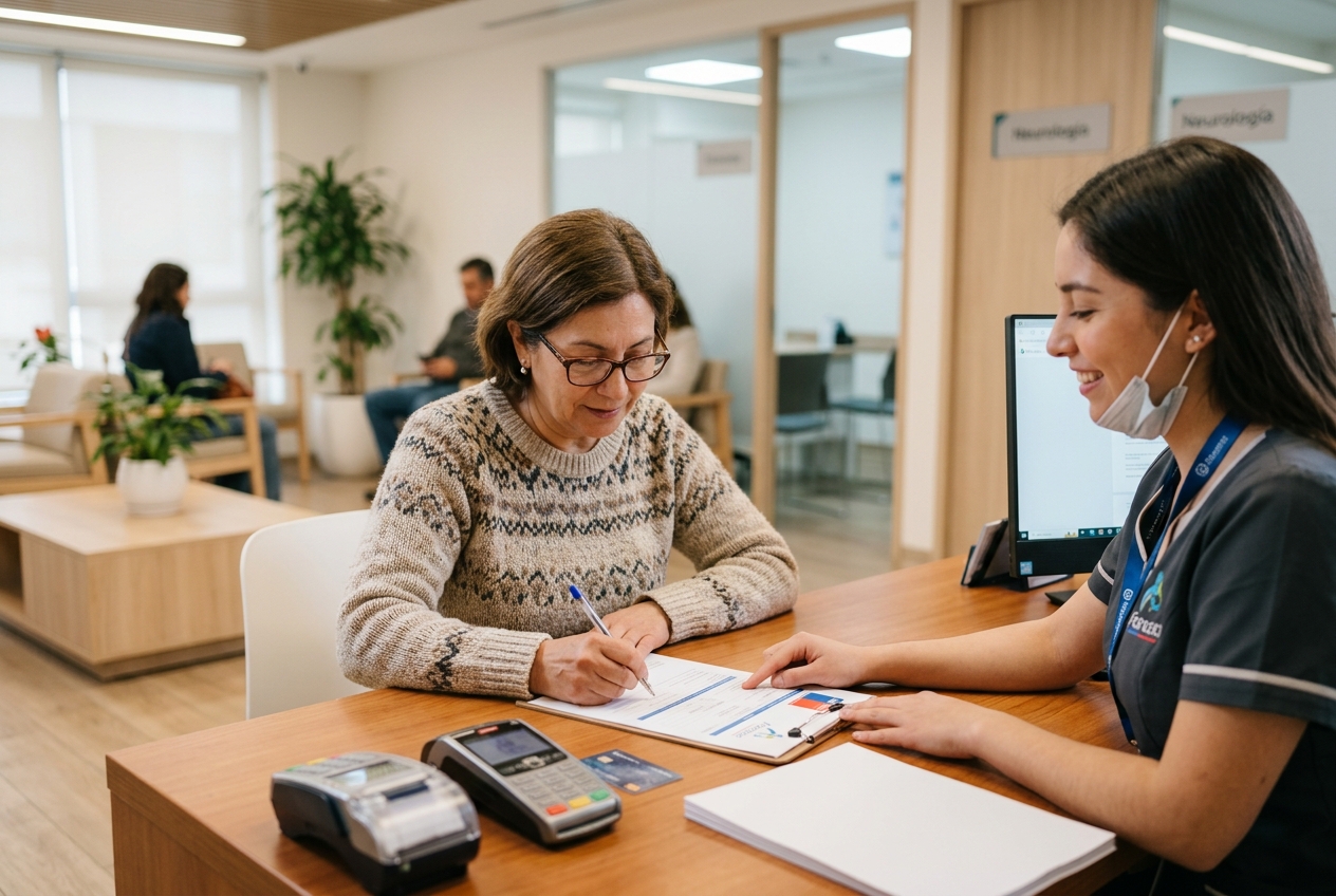 Persona gestionando bono FONASA para consulta de neurología online en Chile