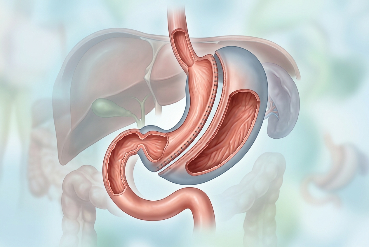 Ilustración médica de manga gástrica comparada con bypass gástrico en cirugía bariátrica