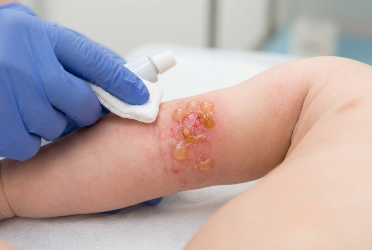 Lesiones ampollosas de impétigo en piel pediátrica con tratamiento tópico aplicado