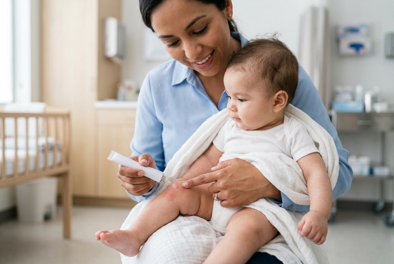 Aplicación de mupirocina tópica en tratamiento de impétigo ampolloso pediátrico