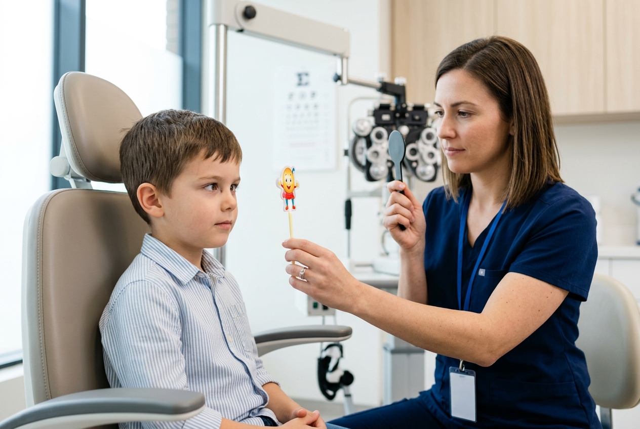 Niño en control oftalmológico pediátrico por estrabismo, cobertura GES oftalmología Chile