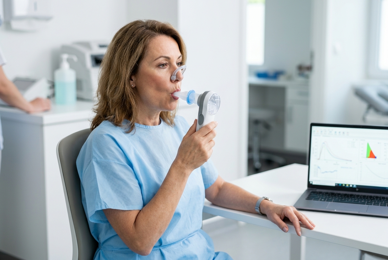 Prueba de espirometría realizada por broncopulmonar para diagnóstico respiratorio