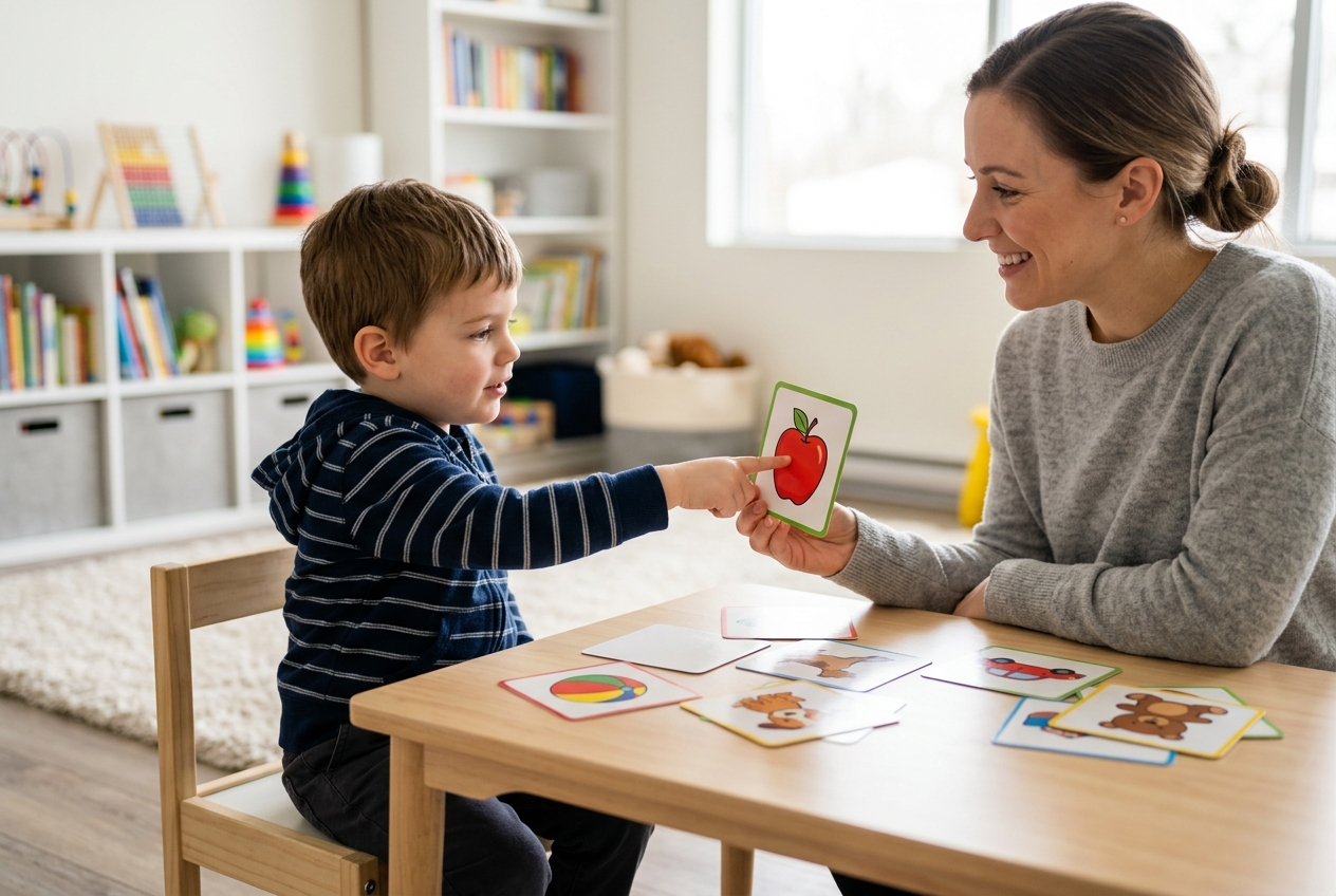 Niño autista en terapia ABA con tarjetas de comunicación pictográfica
