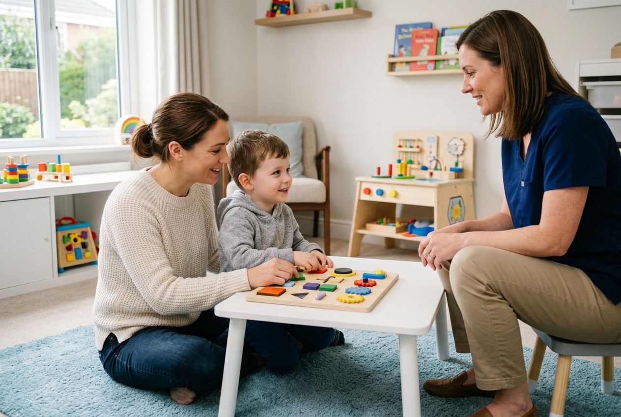 Padre apoyando a hijo con autismo en actividad de psicología en casa