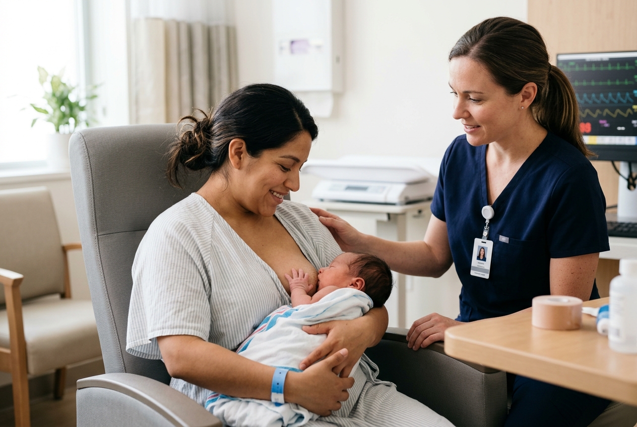 Madre amamantando a su recién nacido durante control pediátrico neonatal