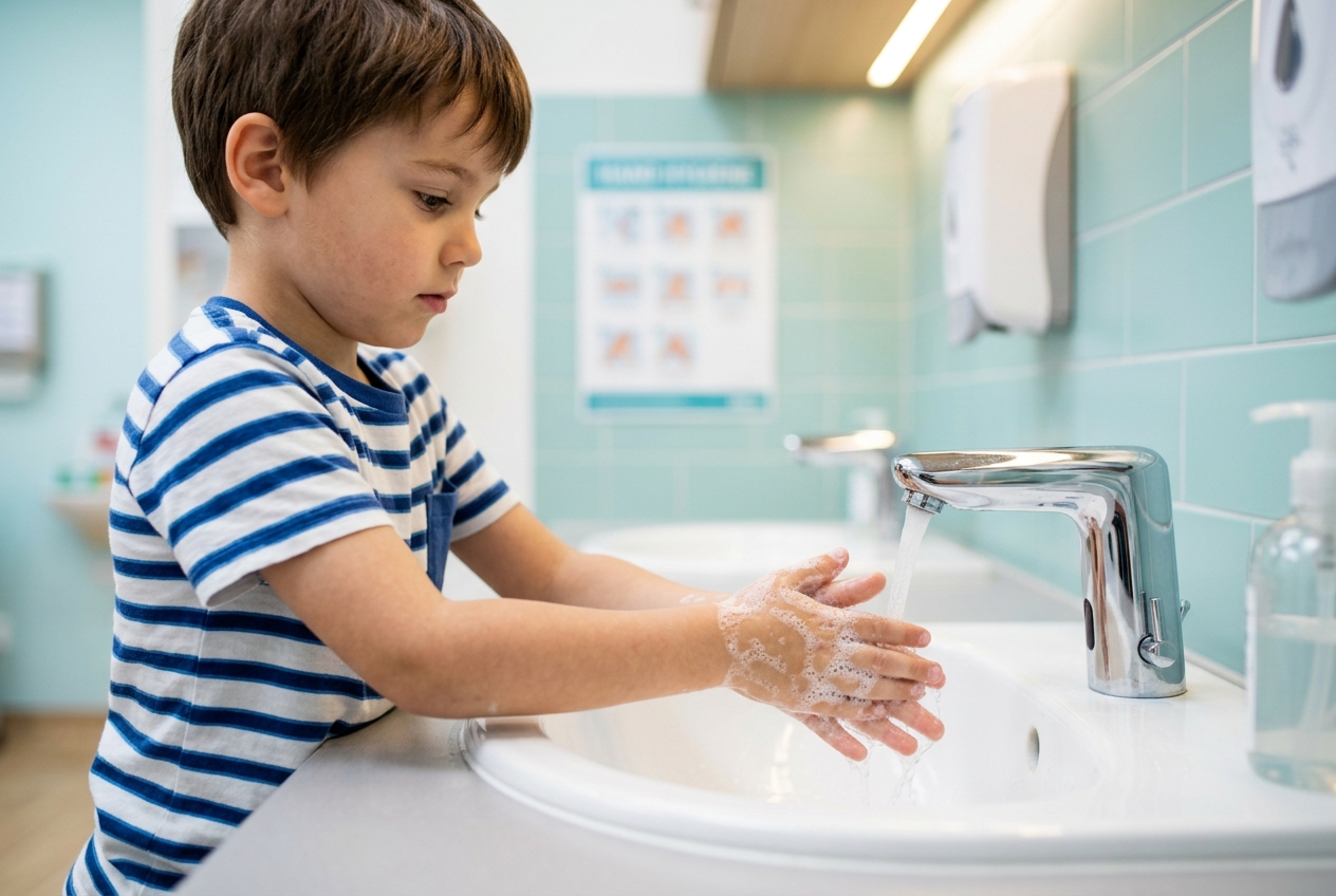 Niño lavándose las manos, medida clave en el tratamiento de oxiuros en pediatría