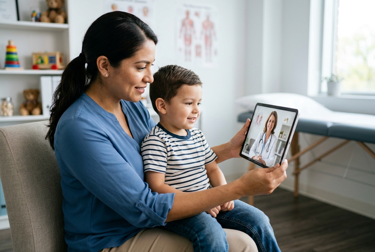 Madre e hijo accediendo a telemedicina pediátrica FONASA desde tablet en casa