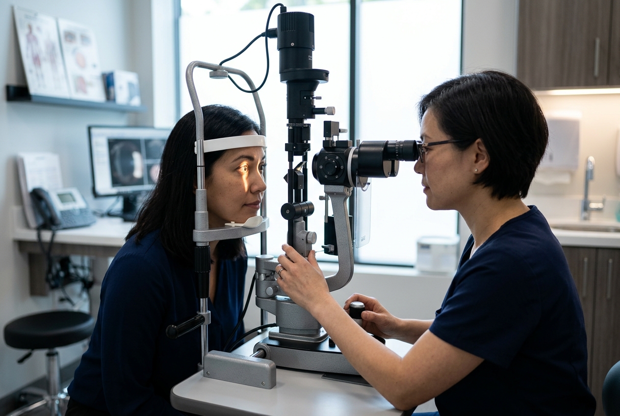 Biomicroscopía con lámpara de hendidura durante consulta oftalmológica