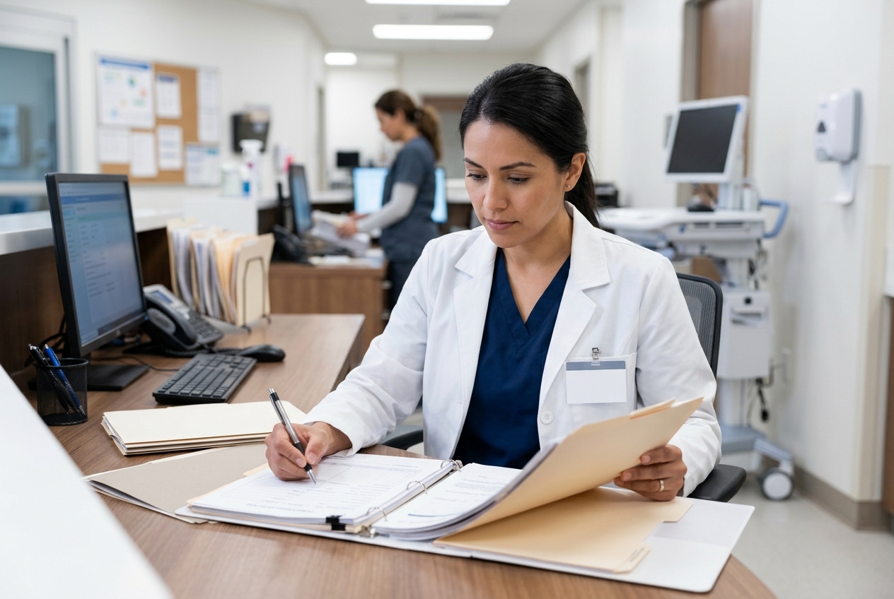 Mujer organizando antecedentes médicos antes de consulta ginecológica primera vez