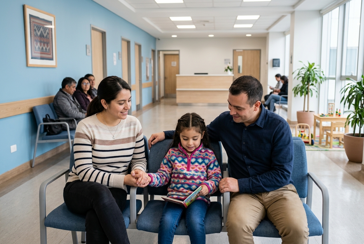 Familia esperando consulta de gastroenterología infantil con FONASA en Viña del Mar