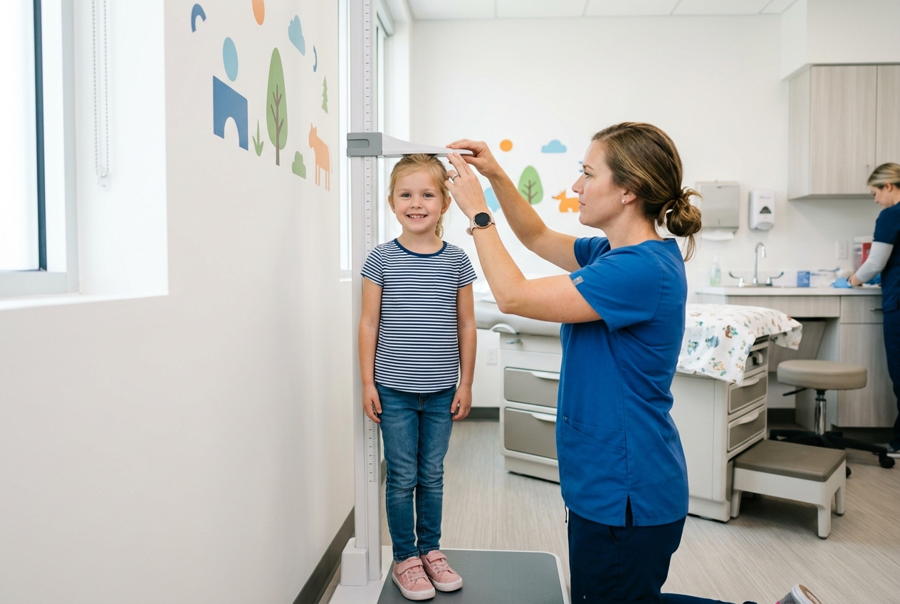 Médico midiendo talla de niño en control endocrinología infantil FONASA