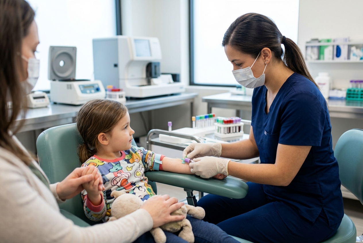 Examen de tiroides en niño para diagnóstico endocrinológico pediátrico Chile