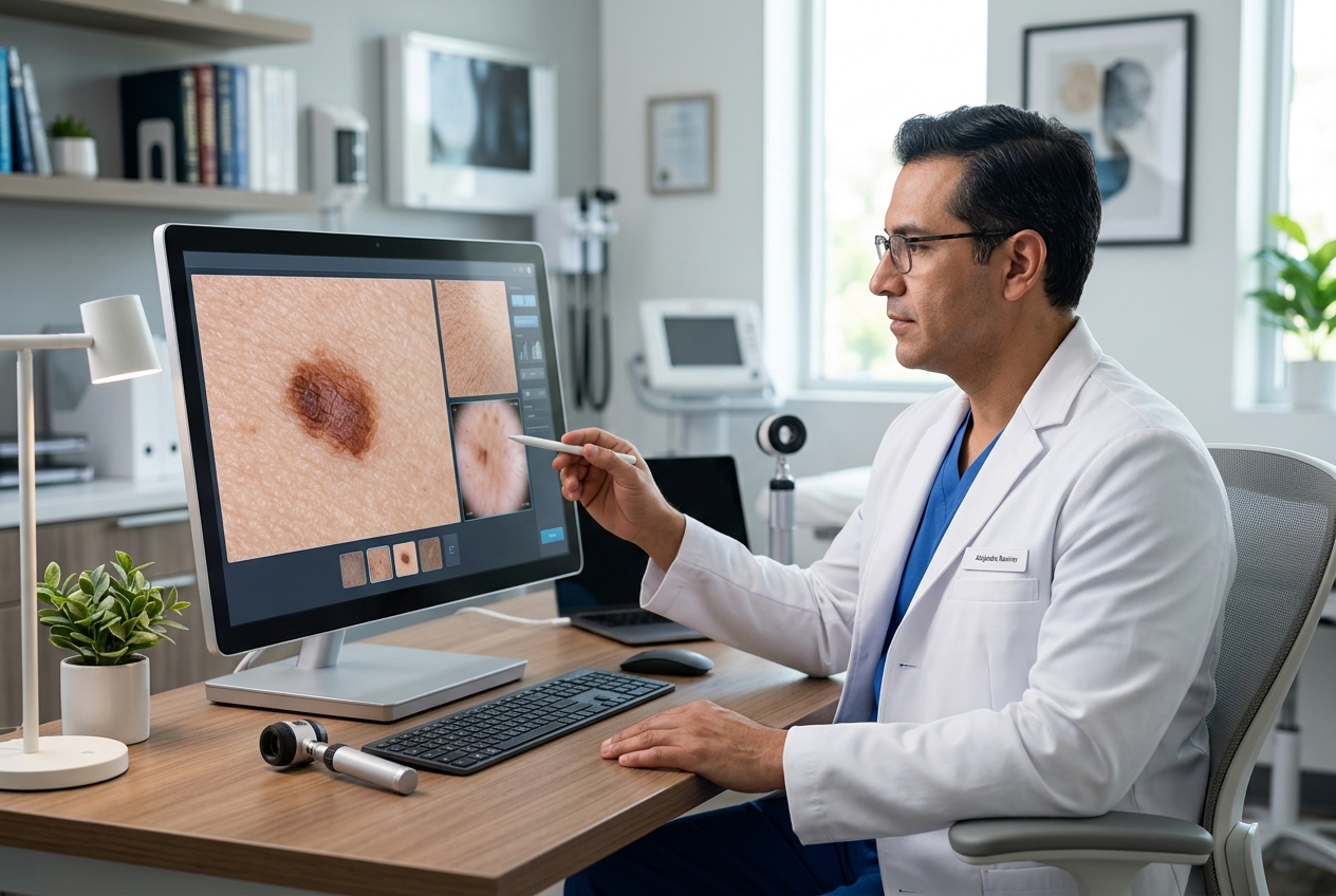 Dermatólogo evaluando condición de piel en plataforma de telemedicina Integramedica