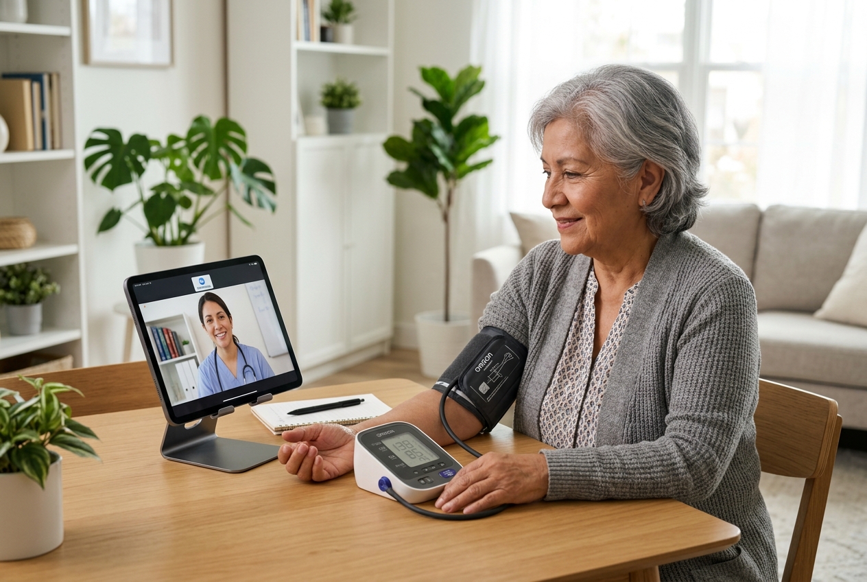 Paciente tomando presión arterial en casa para consulta cardiólogo online FONASA