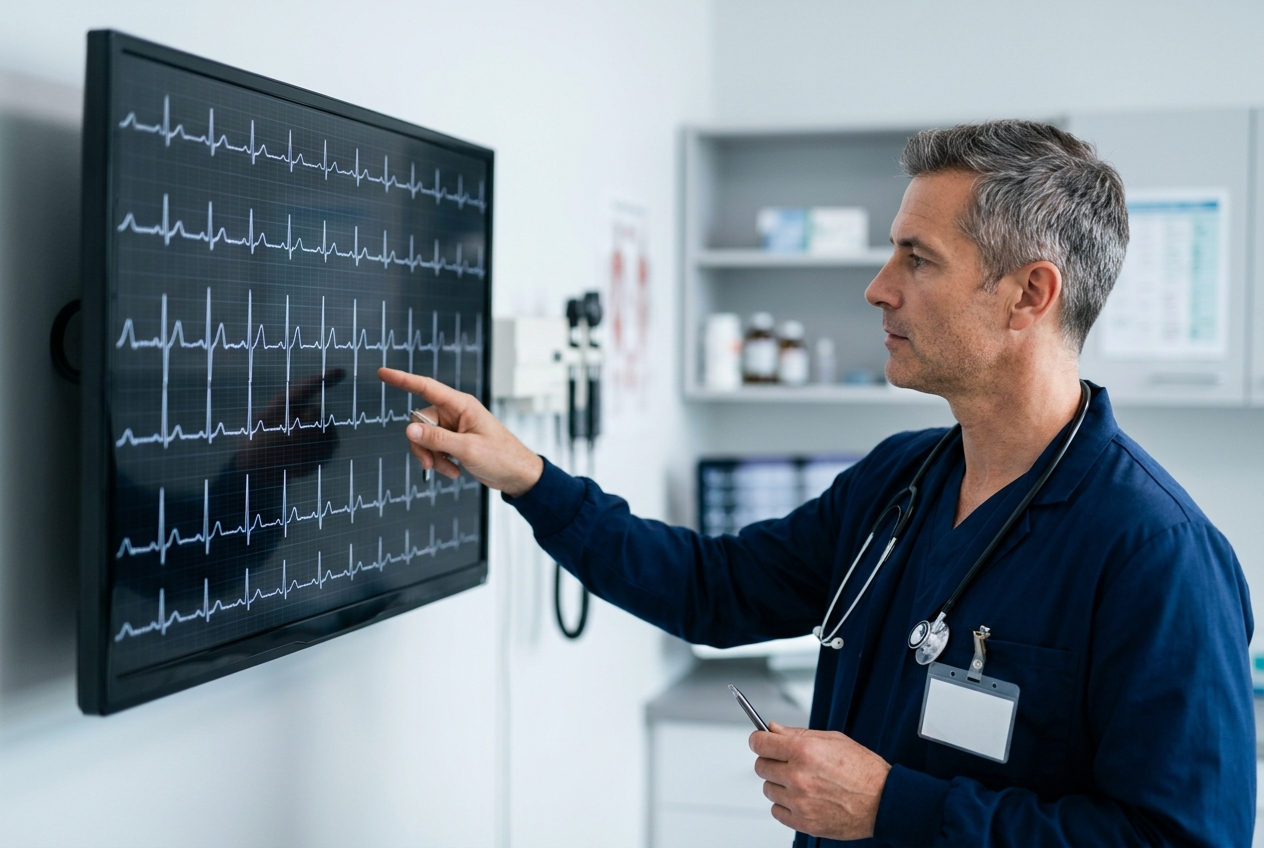 Cardiólogo interpretando ECG digital en teleconsulta FONASA cardiología