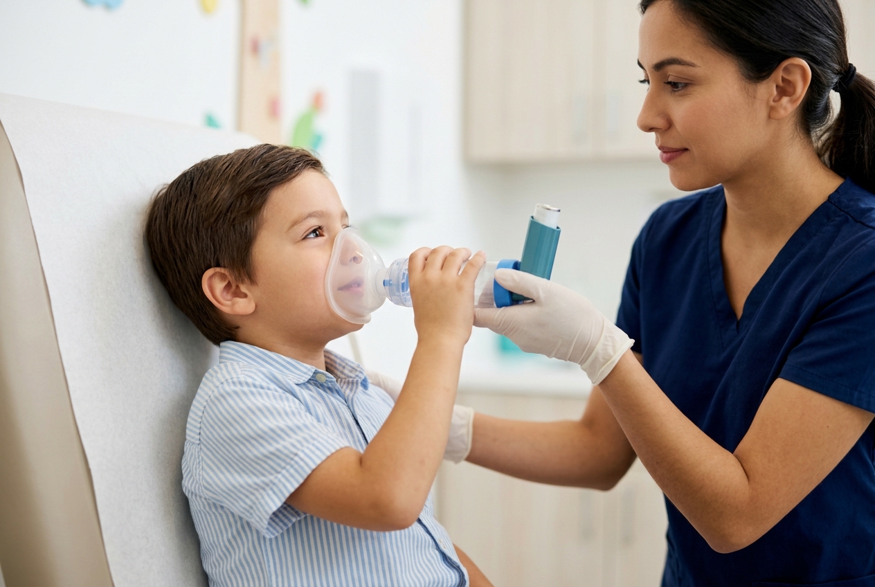 Niño usando inhalador para asma bronquial bajo control broncopulmonar infantil