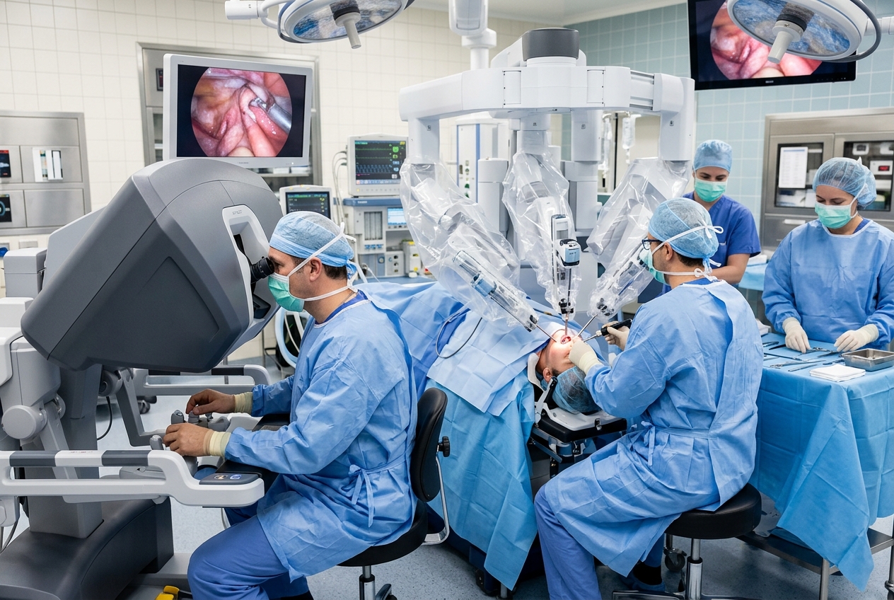 Equipo quirúrgico realizando cirugía robótica transoral en tumor de cabeza y cuello