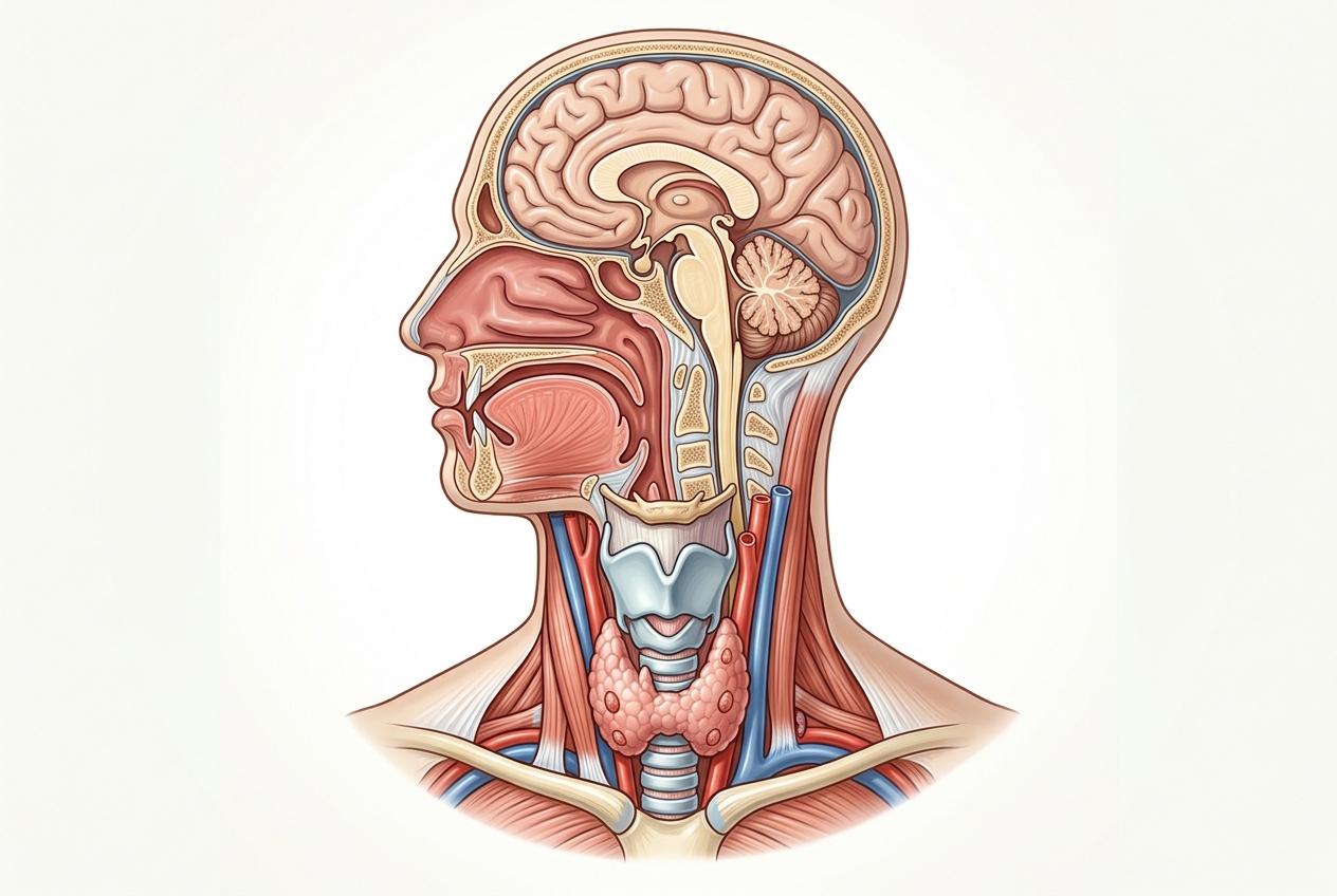 Diagrama anatómico de cabeza y cuello mostrando estructuras de cirugía oncológica cervicofacial