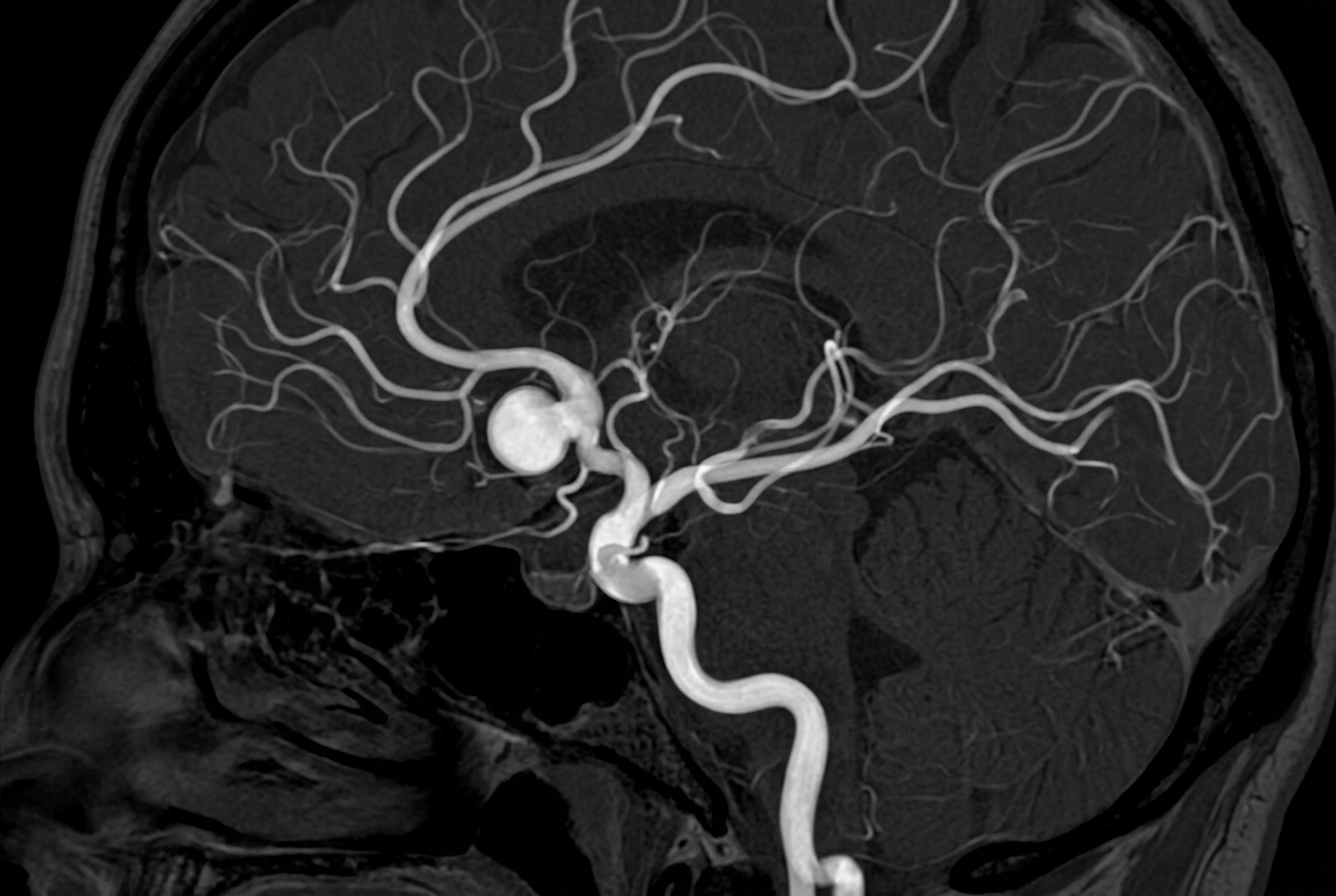 Imagen de angiografía cerebral mostrando aneurisma intracraneal tratado por neurocirujano vascular
