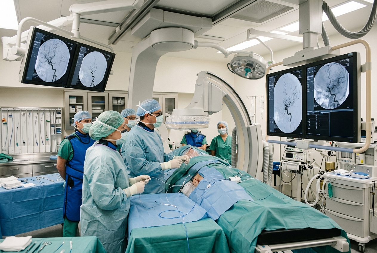 Procedimiento endovascular de neurocirugía vascular en sala de hemodinámica hospitalaria