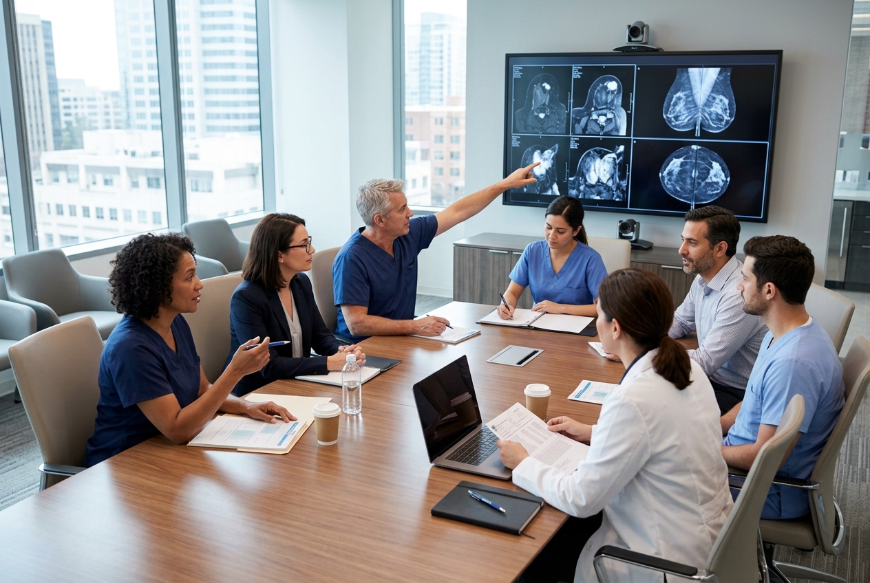Equipo multidisciplinario de mastología y oncología mamaria en reunión clínica