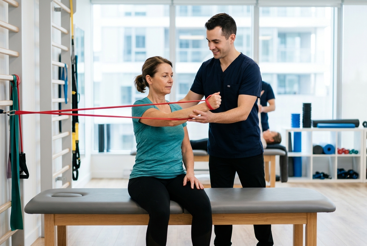 Sesión de kinesiología y fisioterapia con ejercicio terapéutico supervisado