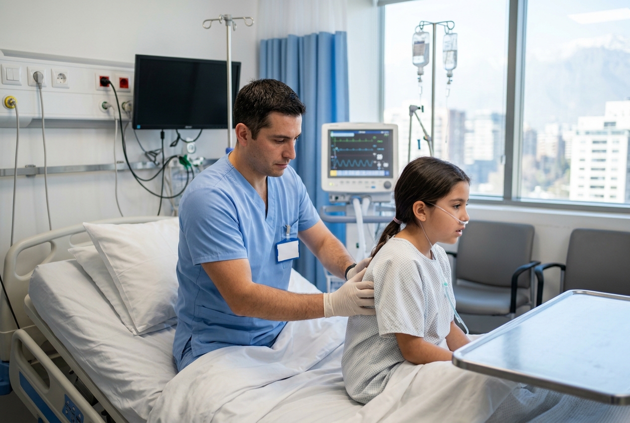 Kinesiólogo realizando fisioterapia respiratoria a paciente en hospital