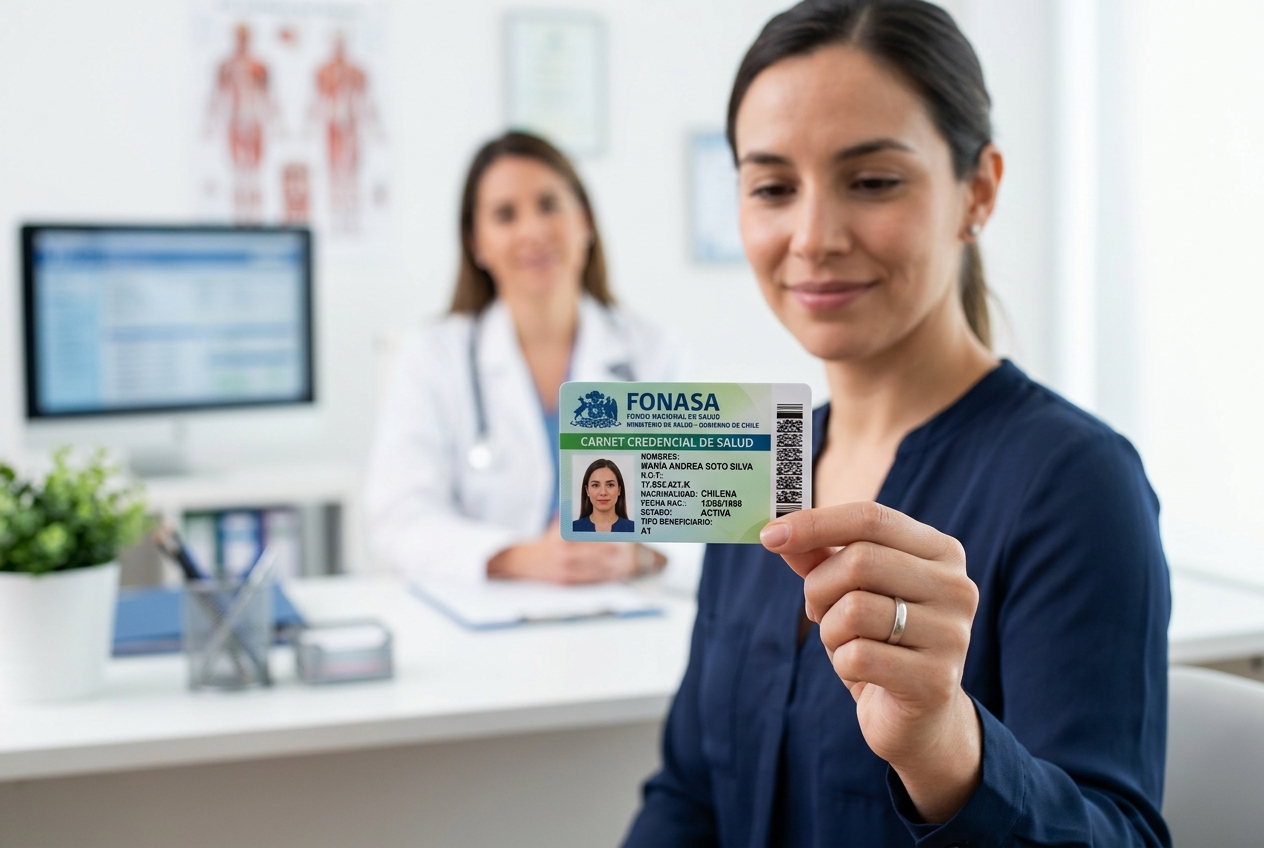 Beneficiario FONASA presentando credencial para consulta de dermatología en Santiago