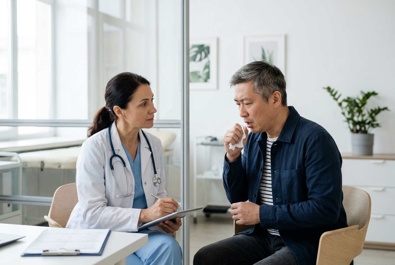 Paciente con tos persistente, síntoma frecuente del cáncer broncopulmonar, en consulta médica