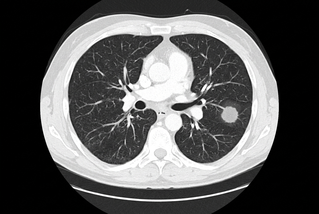 Tomografía computarizada de tórax mostrando nódulo pulmonar sospechoso de cáncer broncopulmonar