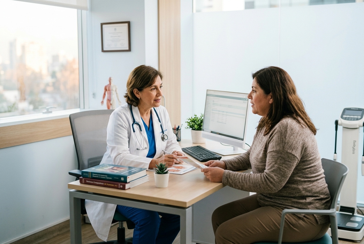 Paciente en consulta médica para cirugía bariátrica FONASA evaluación preoperatoria