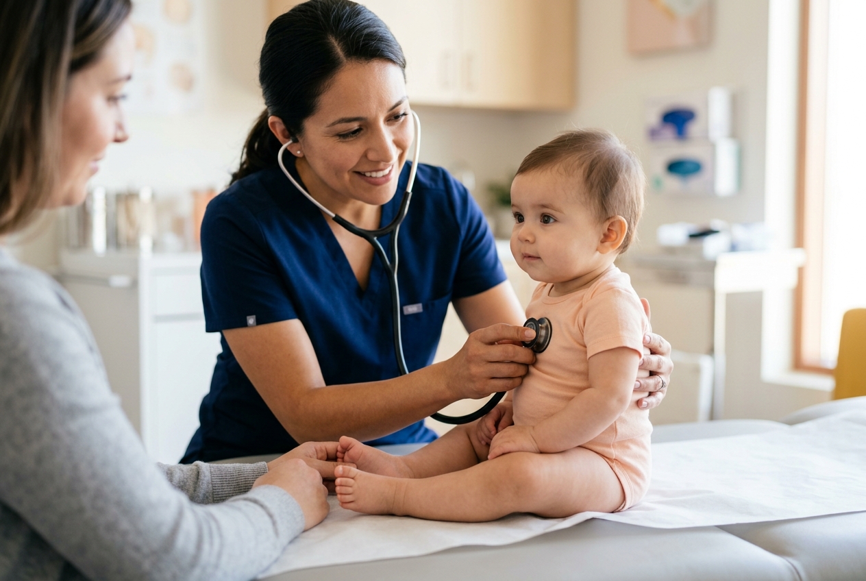 Broncopulmonar pediátrico evaluando función pulmonar en bebé con DBP