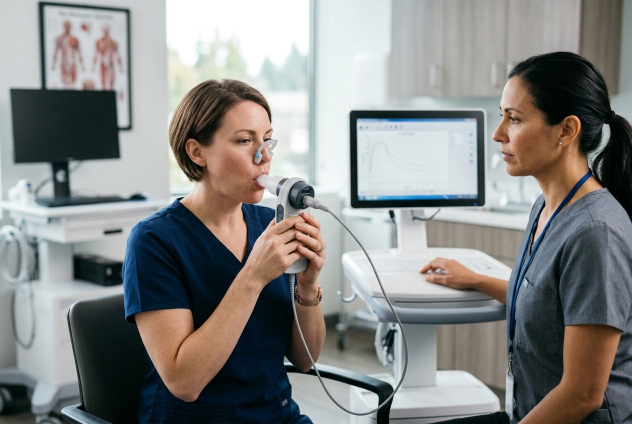 Paciente adulto realizando espirometría en centro broncopulmonar Viña del Mar